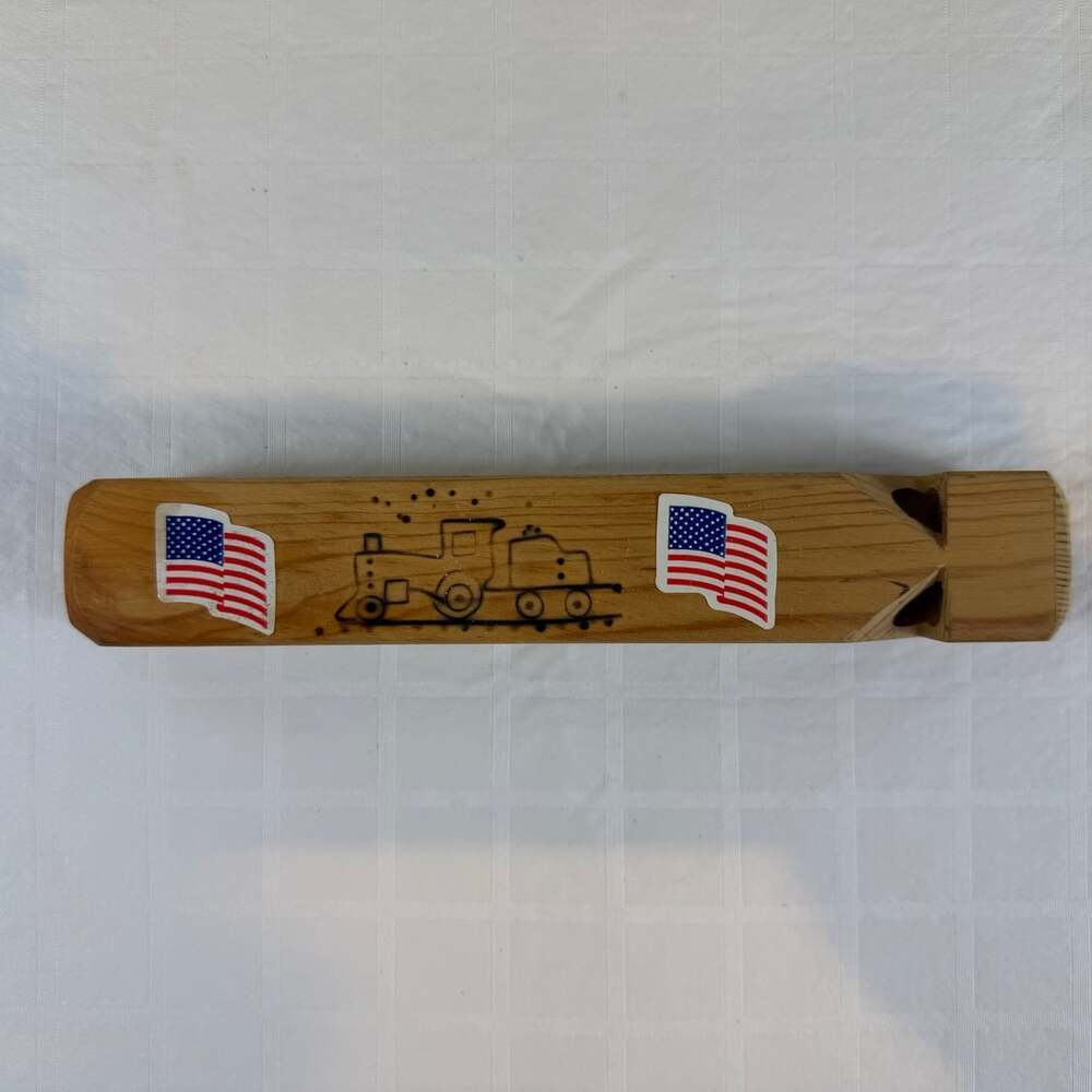 Vintage Wooden Toy Train Whistle - Origin Unknown  Wood Burned Train Image